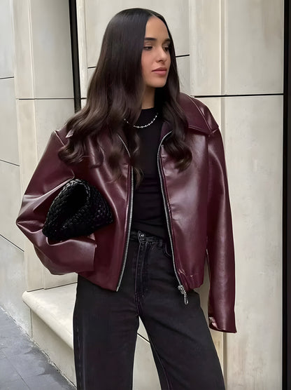Veste zippée rouge Bordeaux pour femme Taille M Cuir synthétique