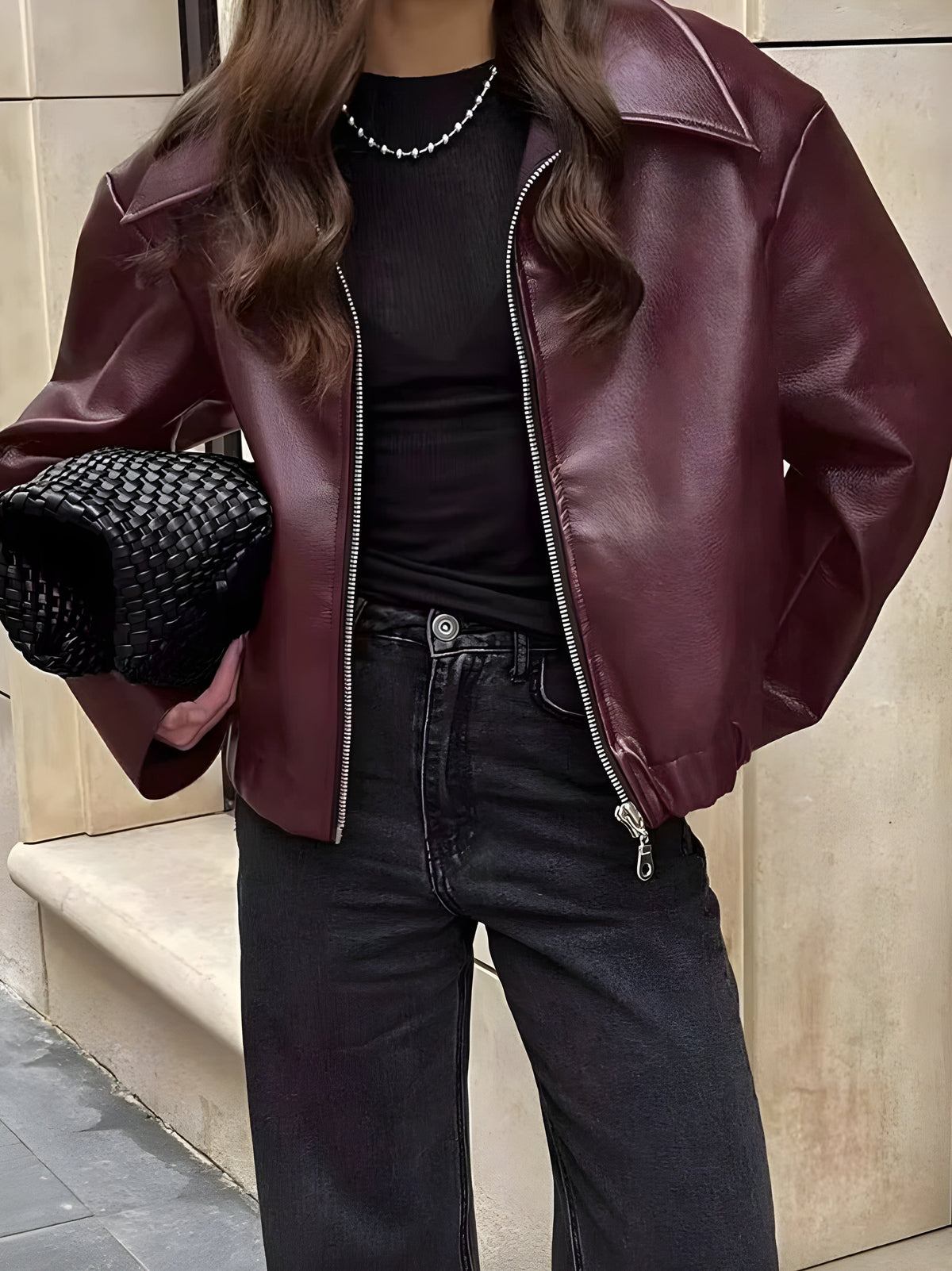 Veste zippée rouge Bordeaux pour femme Taille M Cuir synthétique
