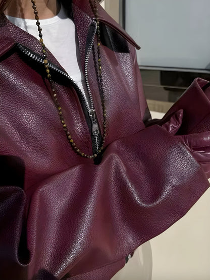 Veste zippée rouge Bordeaux pour femme Taille M Cuir synthétique