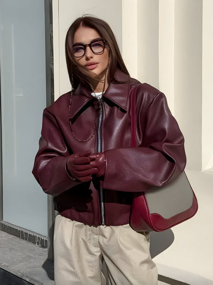 Veste zippée rouge Bordeaux pour femme Taille M Cuir synthétique