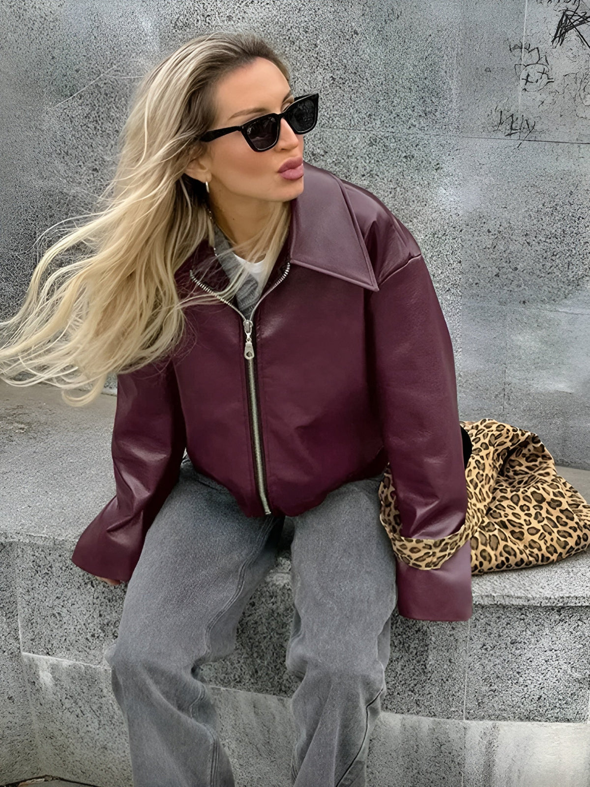 Veste zippée rouge Bordeaux pour femme Taille M Cuir synthétique