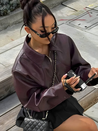 Veste aviateur élégante pour femme en cuir synthétique avec taille élastique – Style moderne et polyvalent