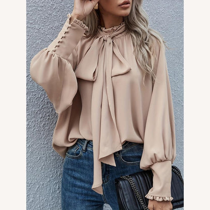 Blouse élégante pour femme en polyester abricot avec nœud papillon et manches bouffantes – Sophistiquée et polyvalente