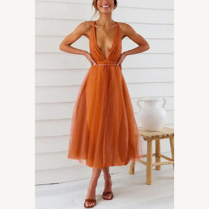 Robe mi-longue pour femme en tulle avec encolure en V – Élégante et raffinée pour les occasions spéciales