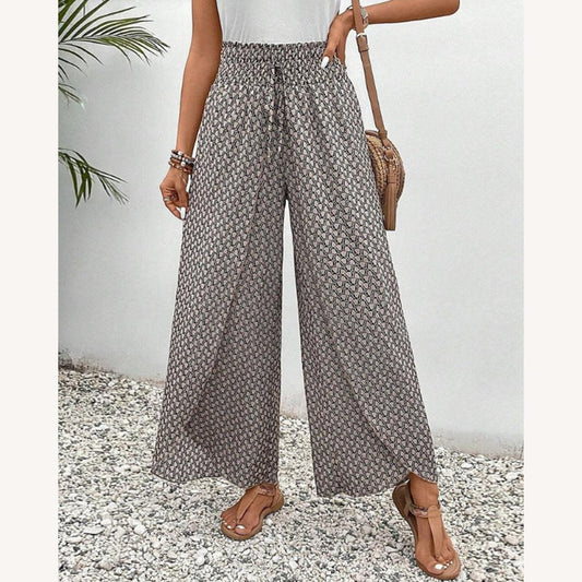 Pantalon fluide pour femme à imprimé géométrique raffiné – Taille haute et jambes larges en coton doux