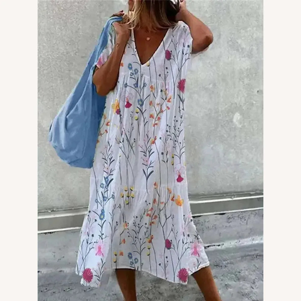 Women's Boho Floral Print Beach Dress, V-Neck and Short Sleeves – Lightweight and Comfortable Dress for Summer