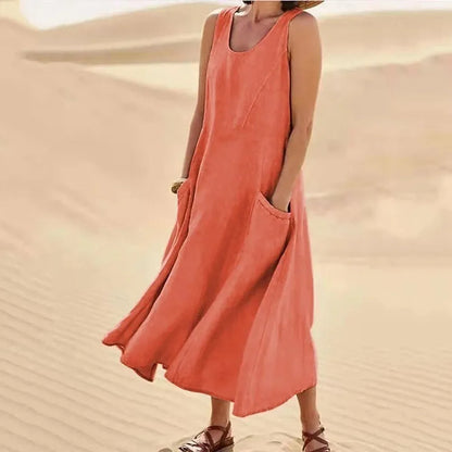 Robe longue pour femme sans manches en coton et lin avec poches - Confort et élégance estivale