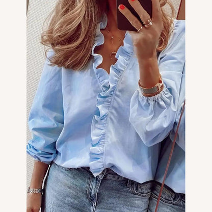 Blouse pour femme à volants col en V élégante et confortable en tissu léger – Chemise à manches longues chic