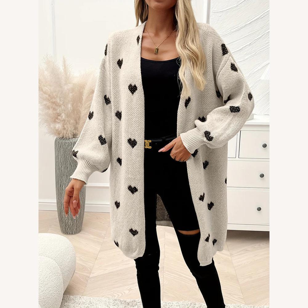 Long gilet pour femme en maille douce avec motif de cœur noir – Confortable et décontracté pour l'automne-hiver