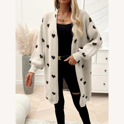 Long gilet pour femme en maille douce avec motif de cœur noir – Confortable et décontracté pour l'automne-hiver