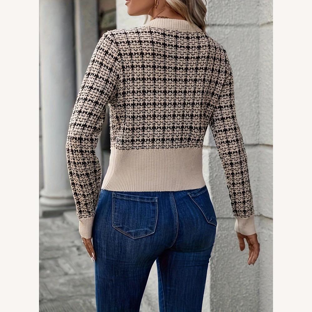 Cardigan élégant pour femme en maille tweed avec boutons dorés – Coupe ajustée et motif à carreaux