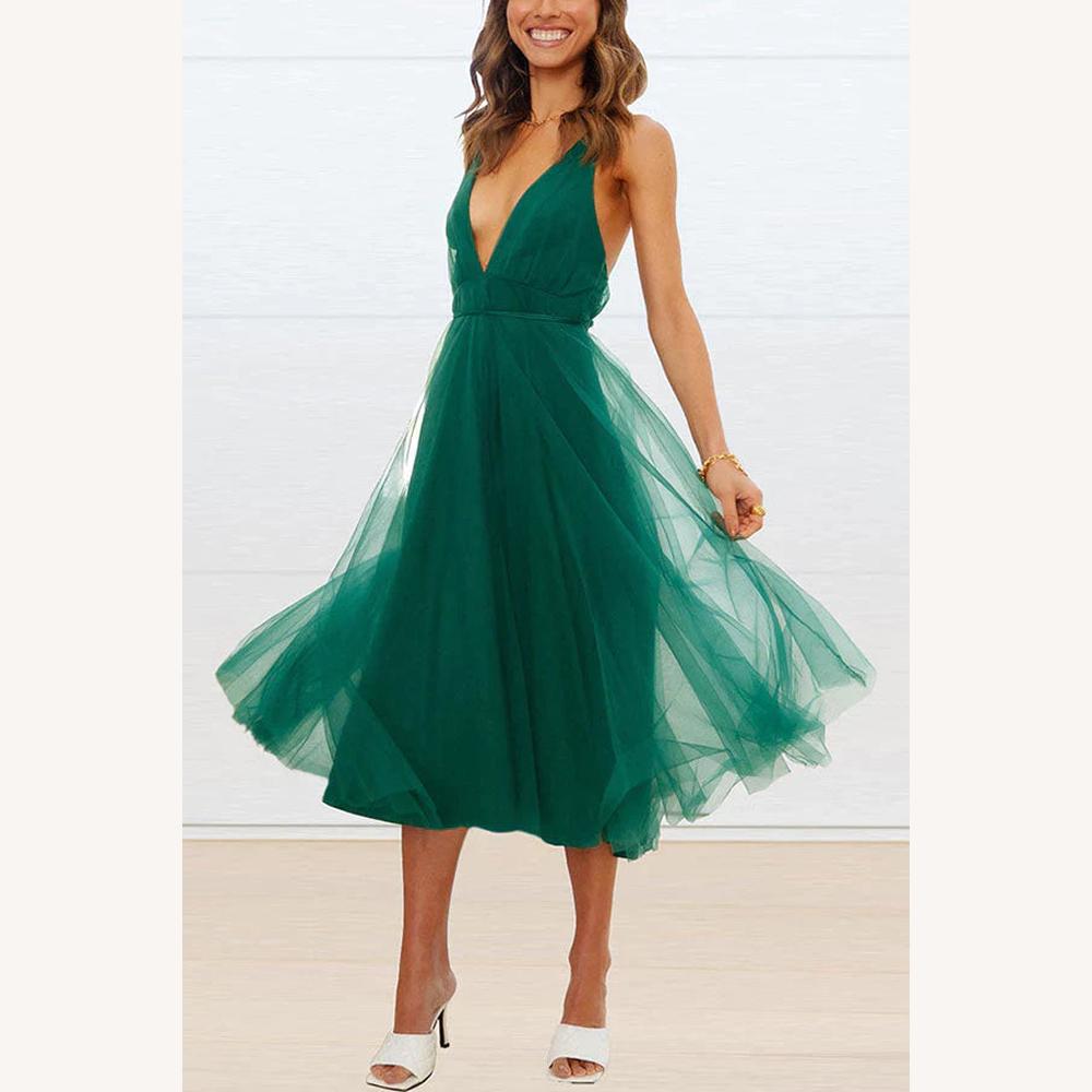 Robe mi-longue pour femme en tulle avec encolure en V – Élégante et raffinée pour les occasions spéciales