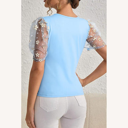 Haut élégant pour femme avec manches bouffantes brodées en organza – Bleu, confortable et chic