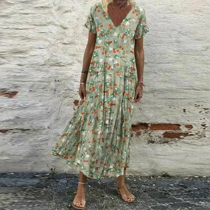 Robe d'été pour femme avec fleurs - Col en V, manches courtes, coton et rayonne, élégante et confortable