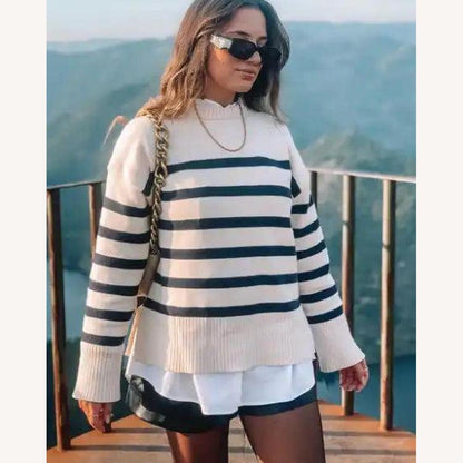Pull tricoté doux à rayures pour femmes – Élégant et confortable, idéal pour un look décontracté