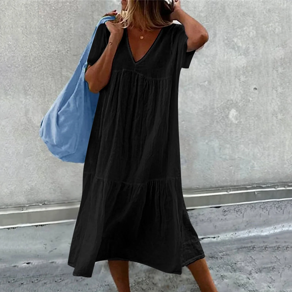 Casual Long Women's Dress with V-Neck and Pocket – Daily Elegance for All Occasions
