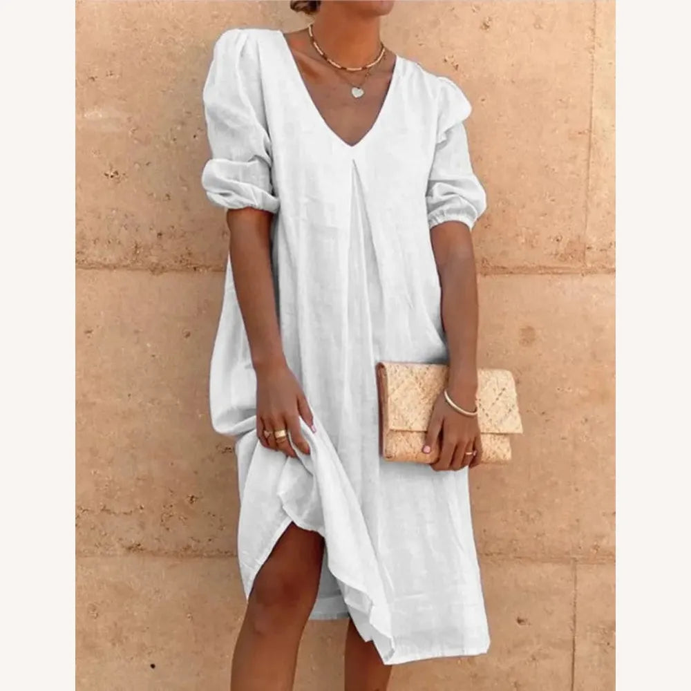 Variant image for Robe Longue Femme en Lin à Col en V - Élégance Décontractée pour l'Été, Confortable et Légère-7