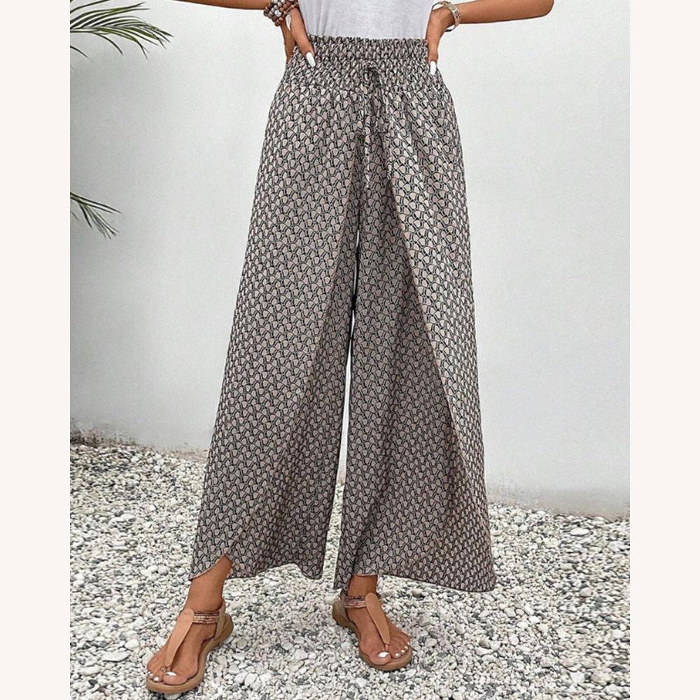 Pantalon fluide pour femme à imprimé géométrique raffiné – Taille haute et jambes larges en coton doux