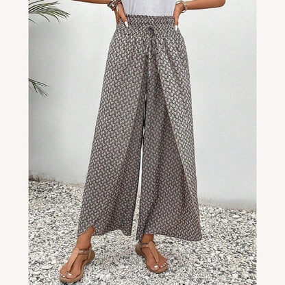 Pantalon fluide pour femme à imprimé géométrique raffiné – Taille haute et jambes larges en coton doux