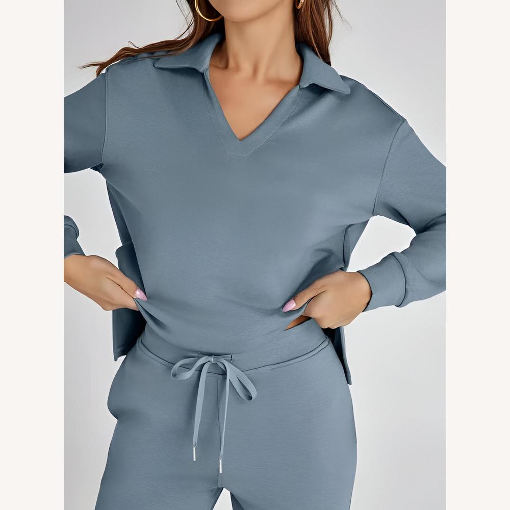 Ensemble décontracté pour femme en polyester avec haut à col en V et pantalon large ajustable – Confort et élégance