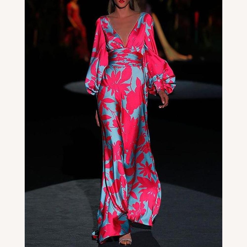 Robe longue élégante pour femme avec col en V et manches bouffantes – Style bohème décontracté