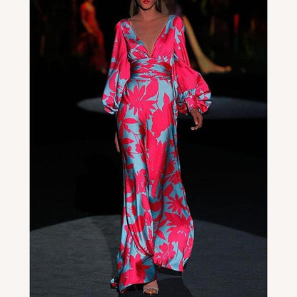 Robe longue élégante pour femme avec col en V et manches bouffantes – Style bohème décontracté