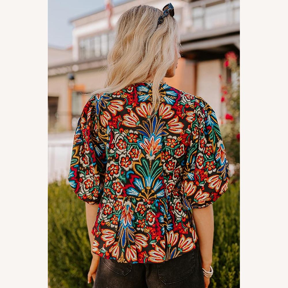Blouse noire bohémienne à fleurs pour femme avec basque, manches bouffantes et col à nouer - Élégante et stylée