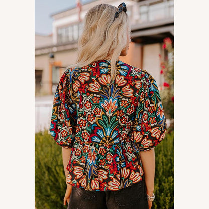 Blouse noire bohémienne à fleurs pour femme avec basque, manches bouffantes et col à nouer - Élégante et stylée