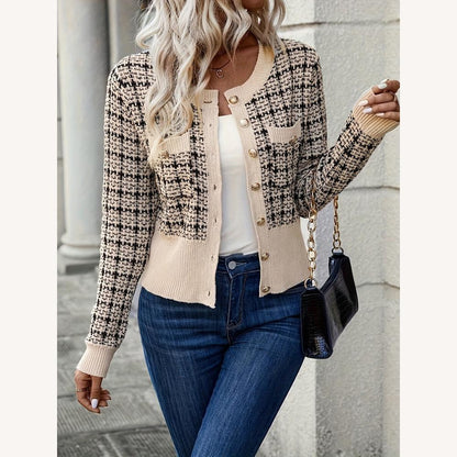 Cardigan élégant pour femme en maille tweed avec boutons dorés – Coupe ajustée et motif à carreaux