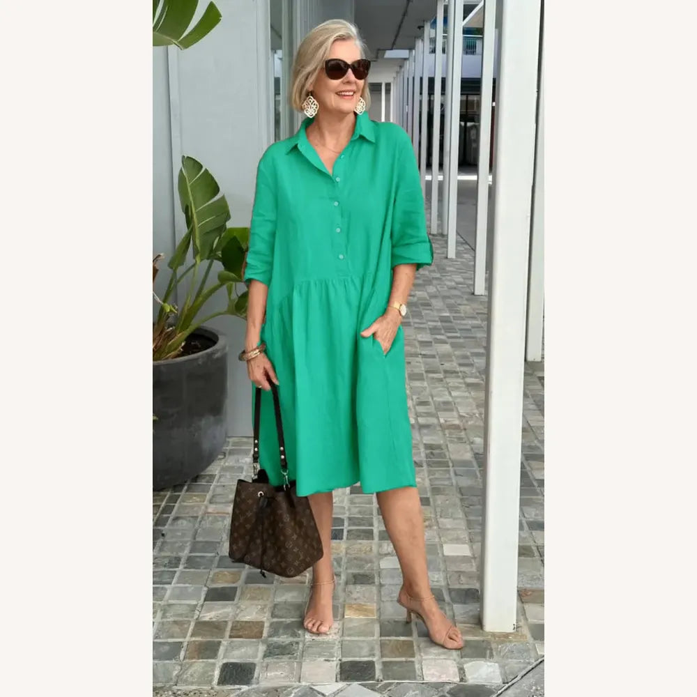 Robe décontractée pour femme en lin et coton mi-longue - Confortable avec poches, encolure ronde, plusieurs couleurs