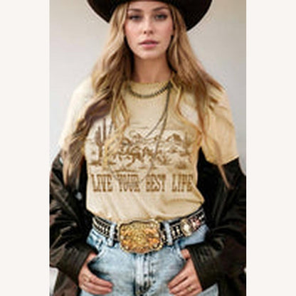 T-shirt graphique beige pour femme Vivez votre meilleure vie – Style décontracté occidental en coton, col rond, tailles S à XL