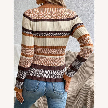 Pull côtelé rayé pour femme, doux et extensible – col rond, manches longues, idéal pour l'automne et l'hiver