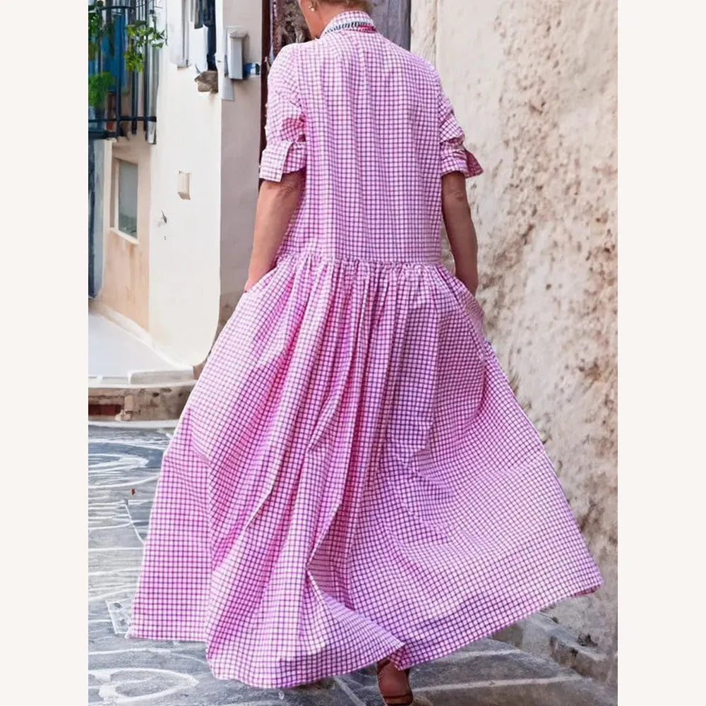 Robe longue pour femme à manches longues en coton et lin – Tissu à carreaux élégant et confortable