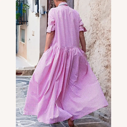 Robe longue pour femme à manches longues en coton et lin – Tissu à carreaux élégant et confortable