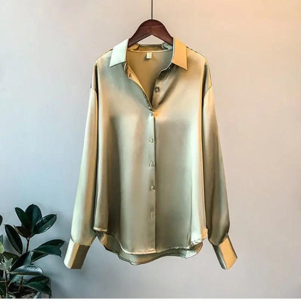 Blouse élégante pour femme en satin de soie blanche à manches longues et col classique - Chemisier chic pour toutes les occasions