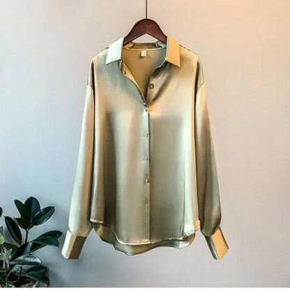 Blouse élégante pour femme en satin de soie blanche à manches longues et col classique - Chemisier chic pour toutes les occasions
