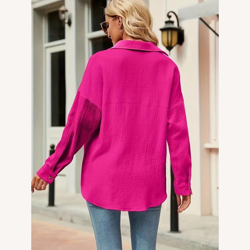 Chemise décontractée en coton pour femme, magenta, manches longues retroussables, texture gaufrée