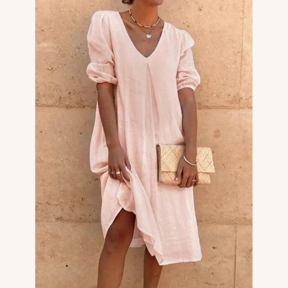 Robe longue en lin pour femme avec encolure en V - Élégance décontractée pour l'été, confortable et légère