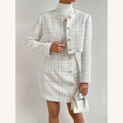 Ensemble jupe et veste en tweed structuré pour femmes – Chic et élégant, taille haute, boutons dorés, idéal pour toutes les occasions