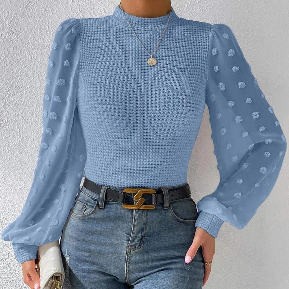 Haut en maille texturée pour femmes avec manches bouffantes en tulle transparent – Élégance romantique, ajusté et confortable