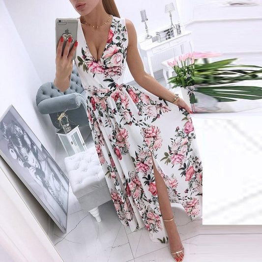 Women's Sleeveless Beach Dress in Silk Chiffon with Deep V Neckline – Vintage Floral Print, Light and Flowing