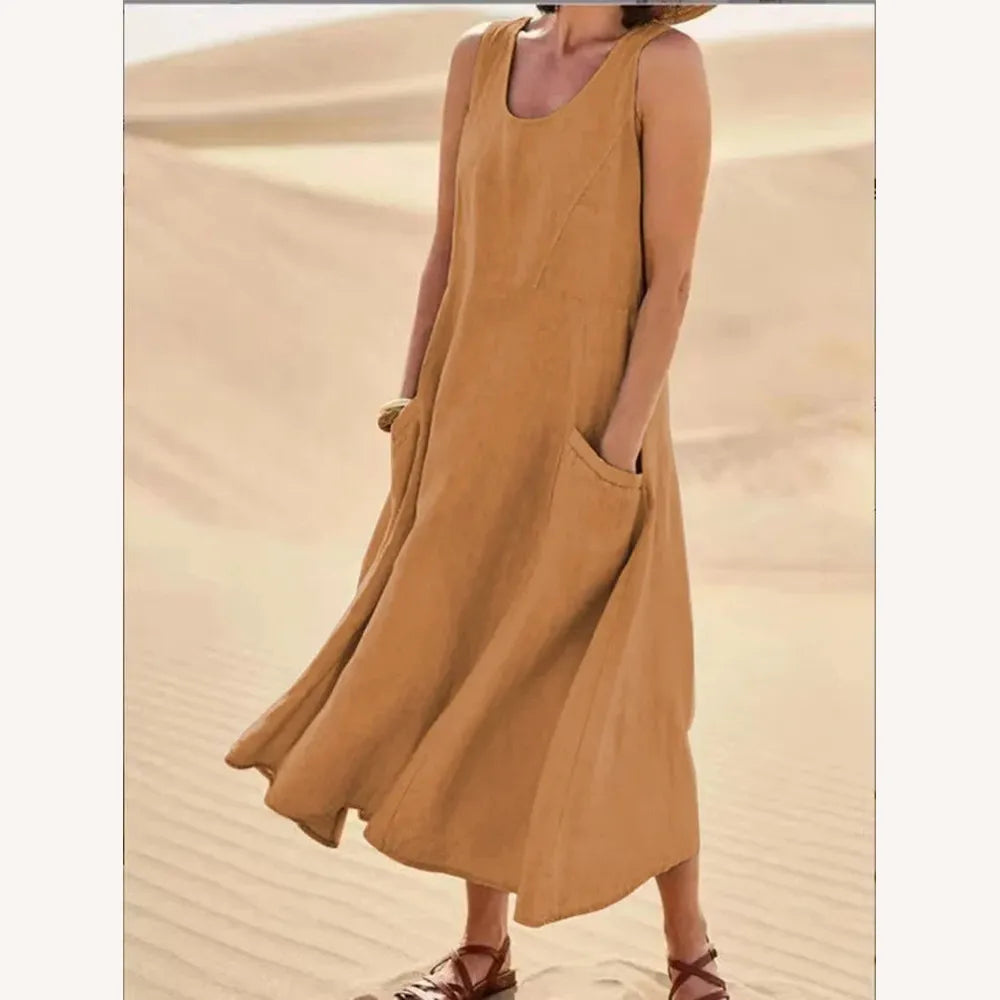 Variant image for Robe Longue Femme Sans Manches en Coton et Lin avec Poches - Confort et Élégance d'Été-57