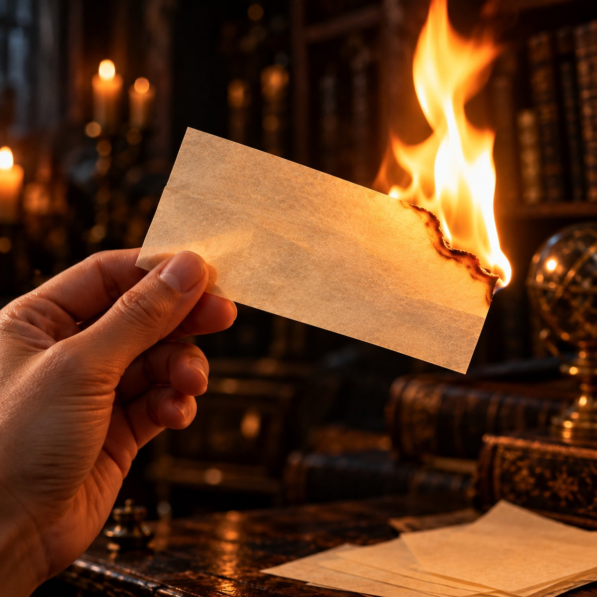 Flash paper burning in hand with a bright flame
