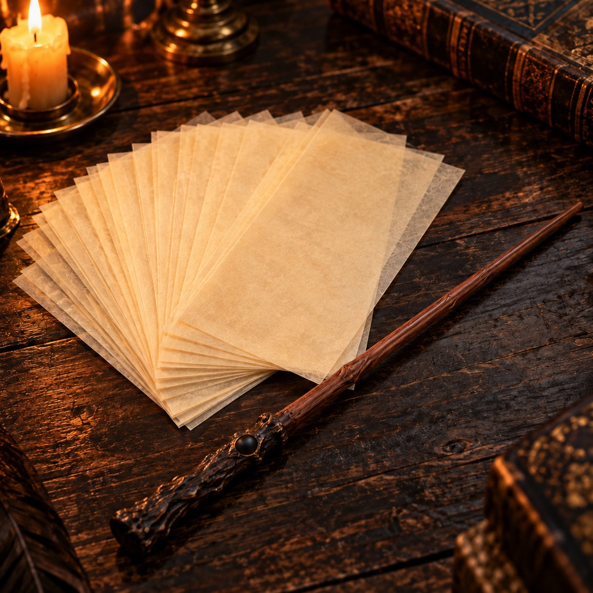 Flash paper sheets for fire magic wands next to a wooden wand
