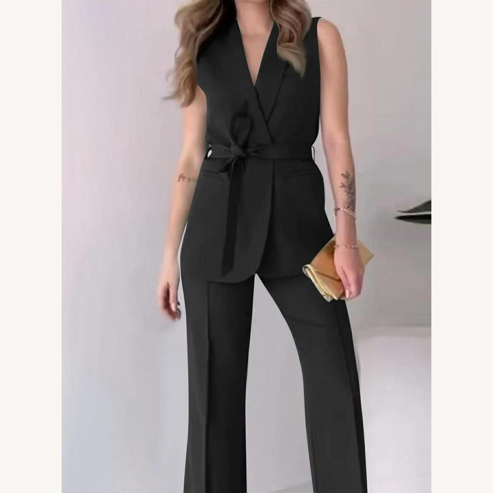 Ensemble élégant pour femme – Veste sans manches et pantalon droit taille haute, élégance moderne pour bureau et événements