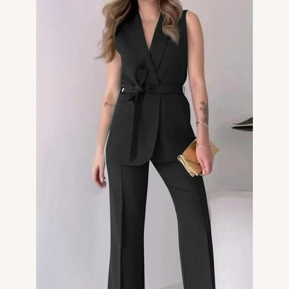 Ensemble élégant pour femme – Veste sans manches et pantalon droit taille haute, élégance moderne pour bureau et événements