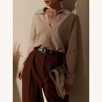 Pull doux en maille pour femme avec col polo et encolure en V – Coupe ample et élégante, idéal pour toutes les occasions