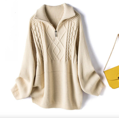 Pull tricoté torsadé à fermeture éclair pour femme – Confort et élégance, col montant, coupe décontractée, coton et acrylique