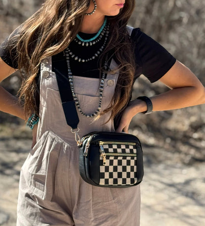 Sac à main féminin élégant et pratique à carreaux avec bandoulière réglable – Noir et blanc 30x25x10 cm