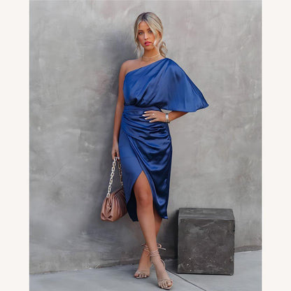 Elegant Evening Dress for Women in Silk with One Sleeve and Pleated Skirt – Ideal for Formal Events